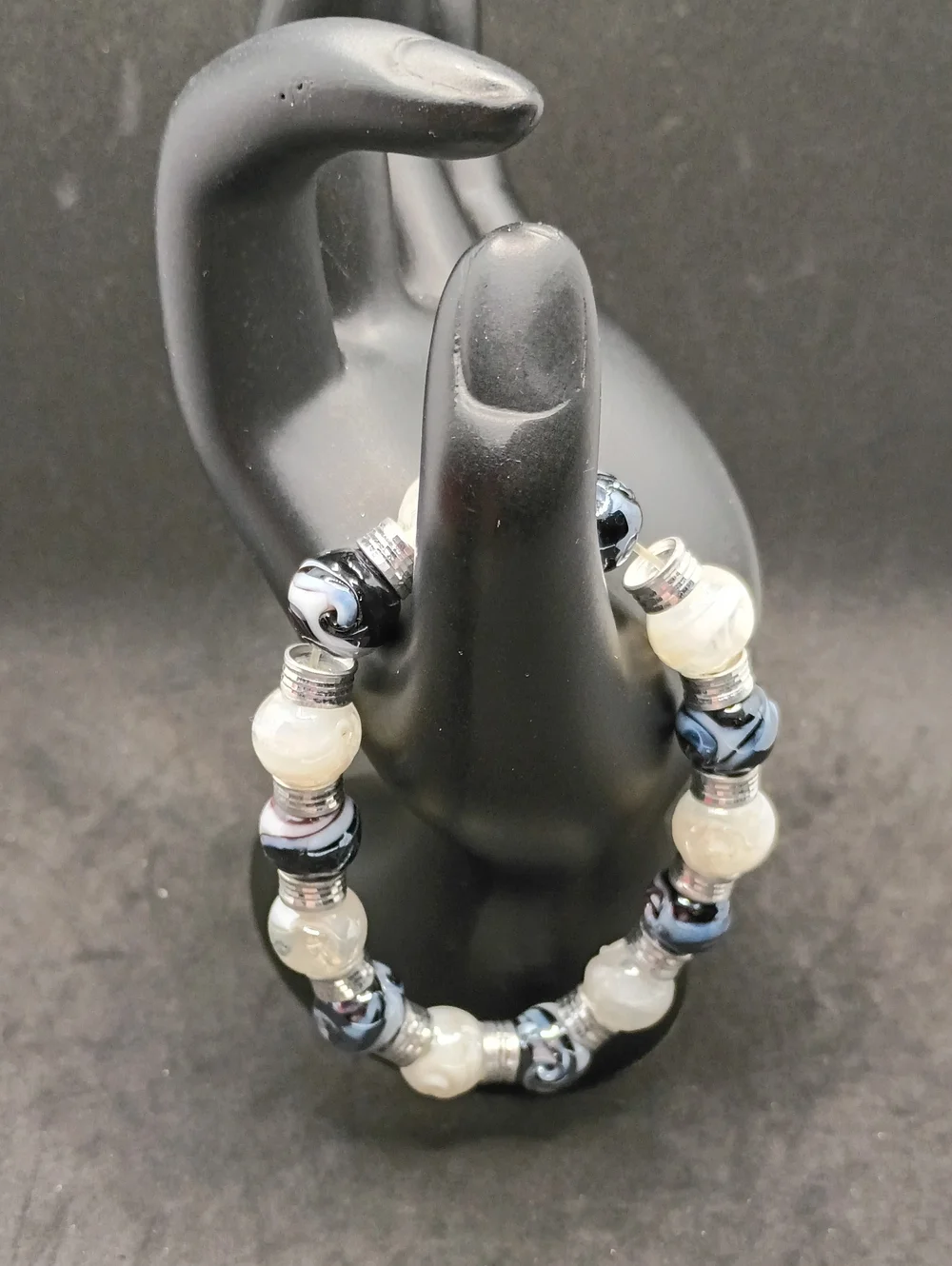 Black and White Beaded Stretch Bracelet with Silver Accents